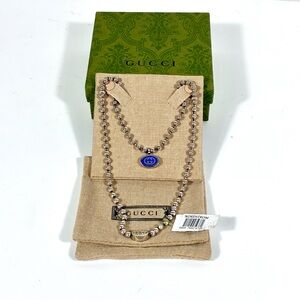 Gucci Interlocking Sterling Silver Boule Chain Necklace With Blue Enamel NEW